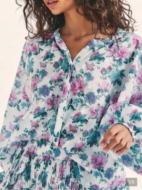 LoveShackFancy Renate Floral Button-Front Blouse in White, Pink & Teal | M
